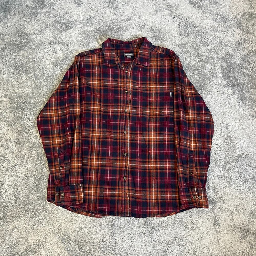 Eddie Bauer Red Black Orange Long Sleeve Button Down Plaid Shirt Men's Size XL